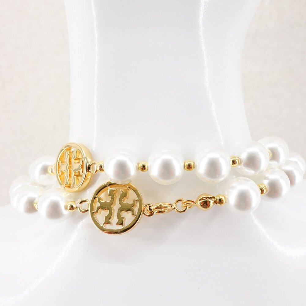 Tory Burch Gold Plated Beaded Long Pearl Station Chain Necklace Gold/ Ivory OS - Picture 3 of 12